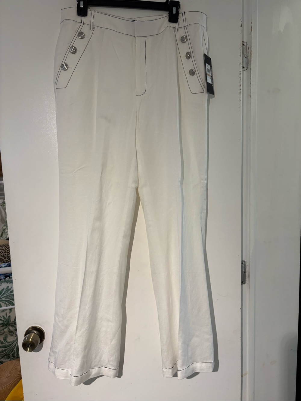 Karl Lagerfeld White Linen Blend Wide-Leg Pants with Decorative Buttons